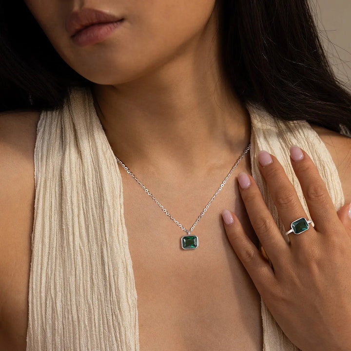 Sterling Silver Emerald Earring & Pendant & Ring Jewelry Set