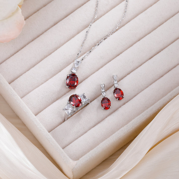 Sterling Silver Oval Cut Red Ruby Jewelry Set