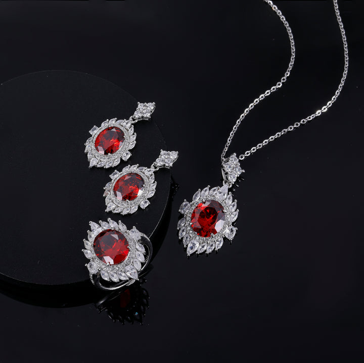 925 Sterling Silver Ruby Jewelry Set, ruby Cz stone ring, ruby earrings, ruby necklace