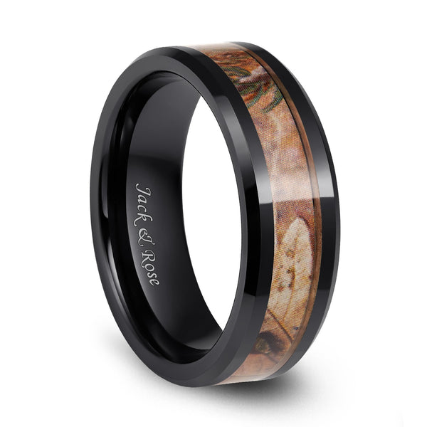 Black Ceramic Rings Camo Inlay Hunting Style Beveled Edge for men 8mm