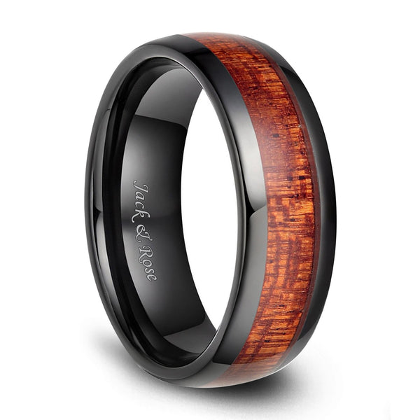 Polished Wood Inlay Black Ceramic Ring Vintage Wedding Rings