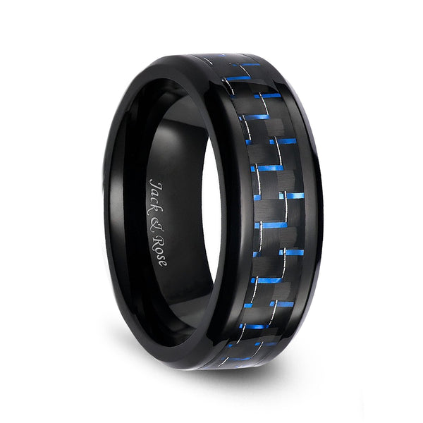 Black Ceramic Rings with Blue Carbon Fiber Fashion Engagement Rings 8mm