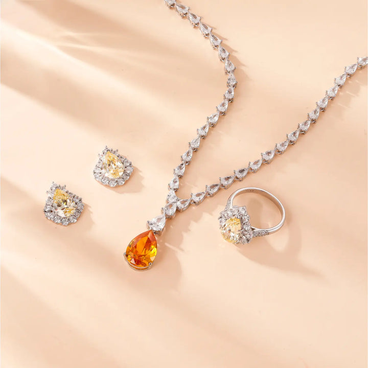 Yellow Sapphire Pendant & Ring & Earrings Jewelry Set
