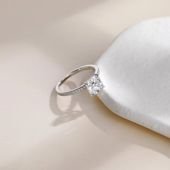 Close-up detail of 2ct asscher cut engagement ring 