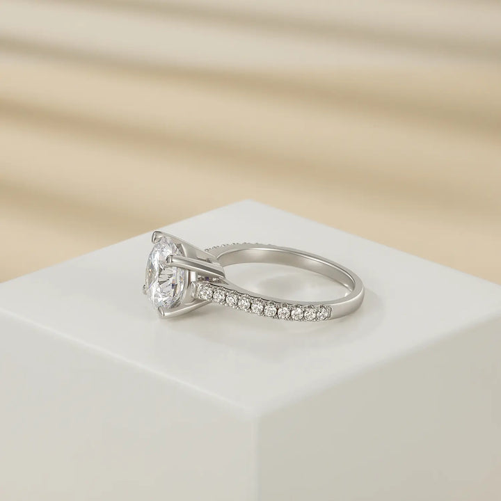 Side view of affordable 3.5 carats moissanite diamond pave ring 