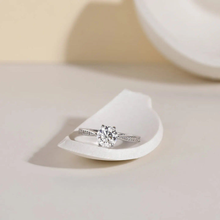 Close-up detail of affordable low profile engagement ring 