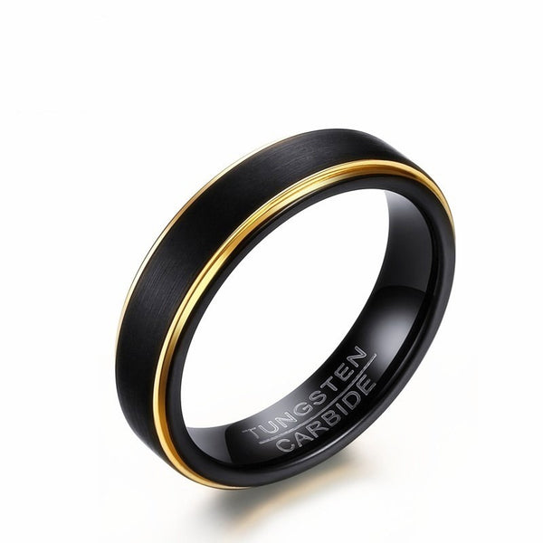 Fashionable 6mm Wide Black + Gold Lasa Tungsten Steel Ring for Men
