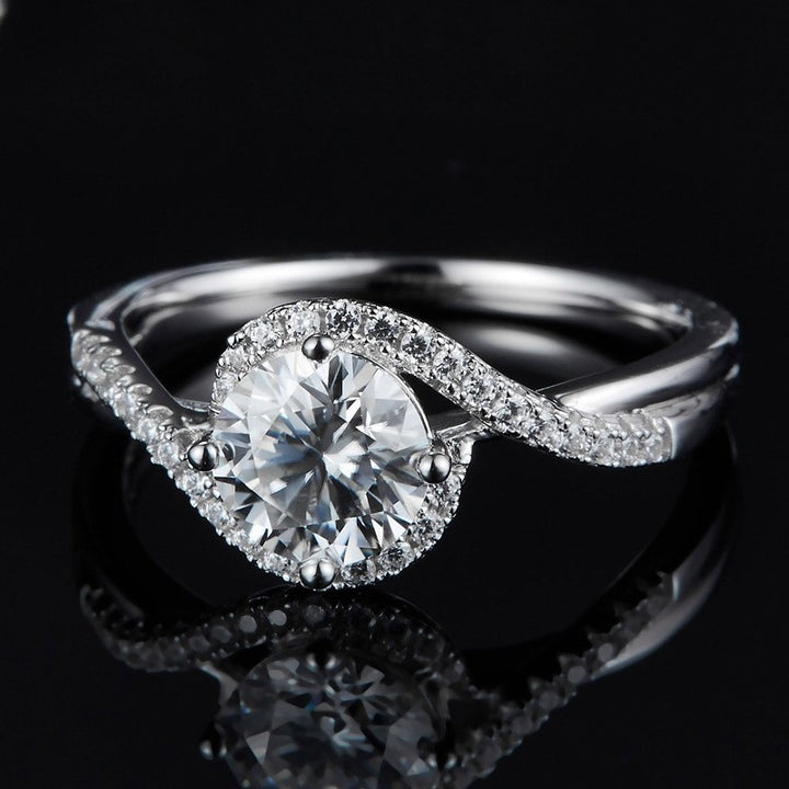 Close-up detail of beautiful angel eye moissanite ring