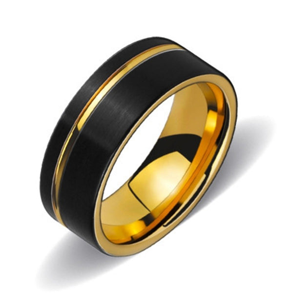 Fashionable 8mm Wide Black + Gold Two Tone Tungsten Steel Ring for Men