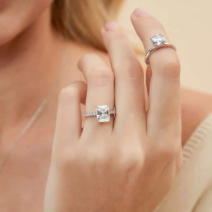 classic Radiant engagement rings on hand
