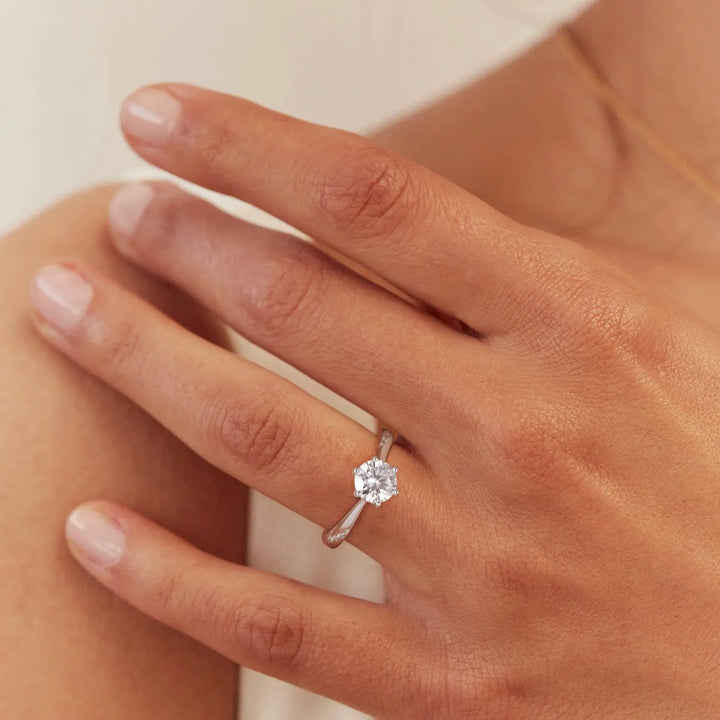 classic moissanite engagement ring worn on hand
