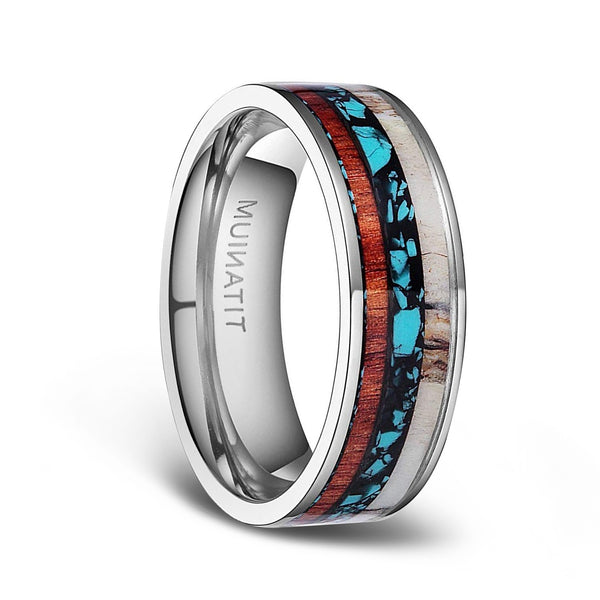 Titanium Wedding Bands with Deer Antlers and Turquoise Wood Inlay 6mm 8mm
