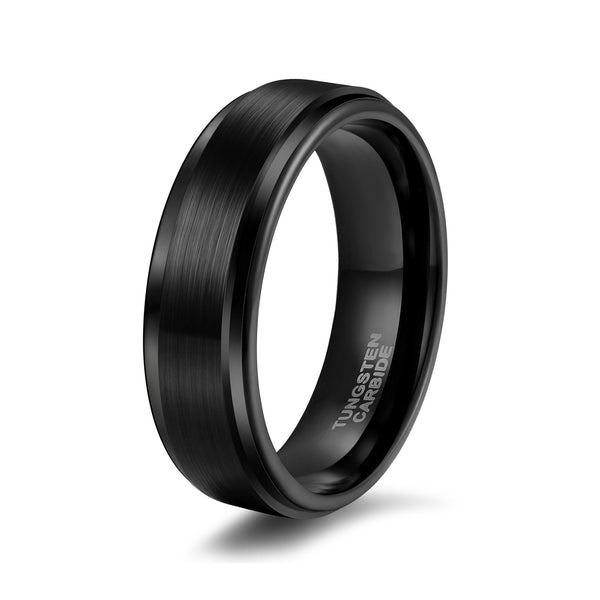 Brushed Tungsten Mens Wedding Bands Black Stepped Edge 6mm 8mm