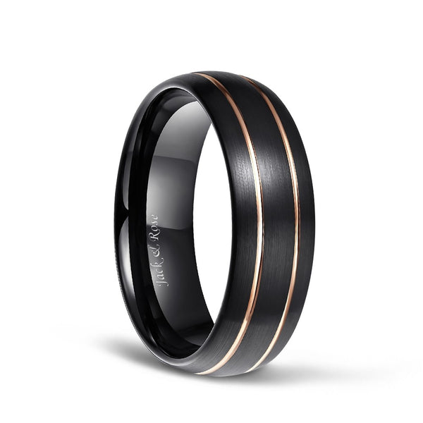 Domed Brushed Black Tungsten Ring with Rose Gold Thin Grooved