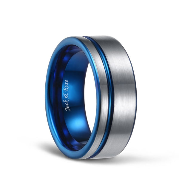 White Brushed Tungsten Rings with Thin Side Blue Grooved Comfort Fit