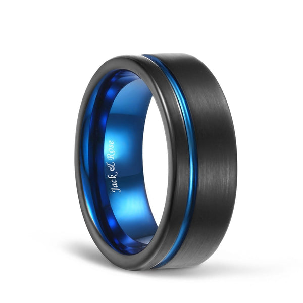 Blue Grooved Flat Edge Mens Black Tungsten Wedding Bands