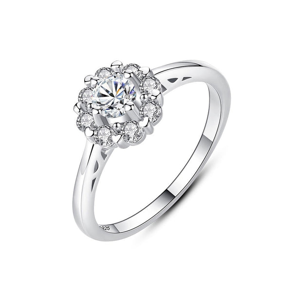 cubic zirconia flower engagement ring in sterling silver