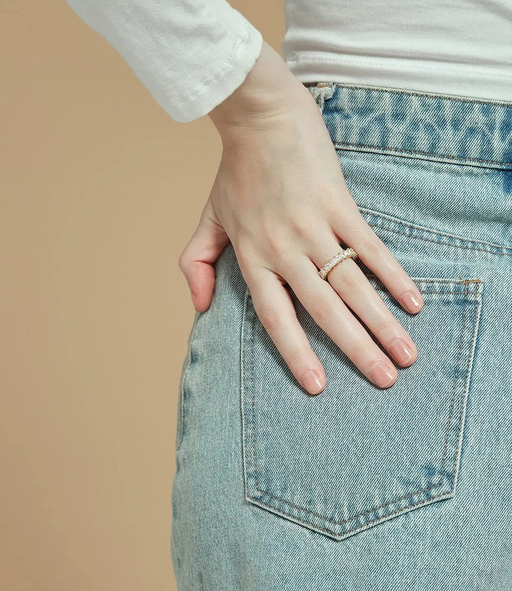 dazzling princess wedding band ring worn on hand