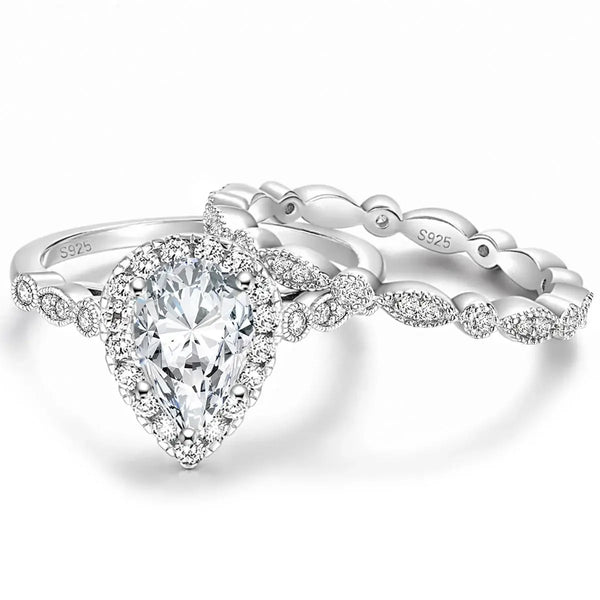s925 silver 1.5 carat pear moissanite wedding ring sets for women