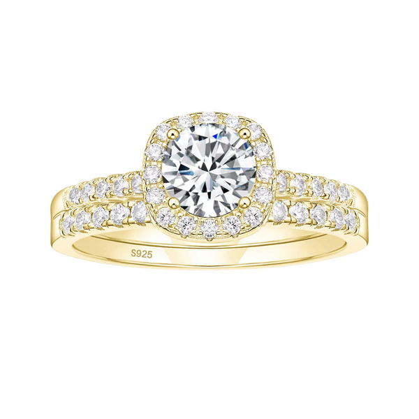 Gold 1.2ct moissanite bridal sets with halo engagement ring and half pave band
