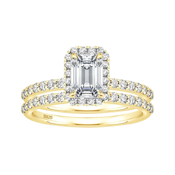 gold Emerald Cut Moissanite Engagement Ring Sets