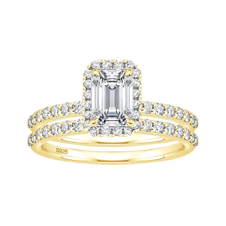 gold Emerald Cut Moissanite Engagement Ring Sets