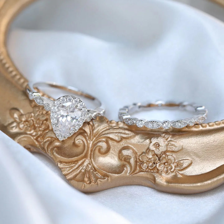 Moissanite wedding ring sets of halo engagemenr ring and a half eternity band