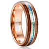 Fashionable 6mm Wide Electroplating Rose Gold Inlaid Acacia Wood and Imitation Opal Dome Tungsten Steel Ring for Men