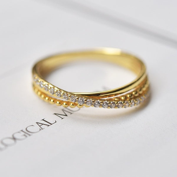 Simple Laminate 18K Gold Plated Diamond Inlaid Cross Three Ring One S925 Silver Ring for Female