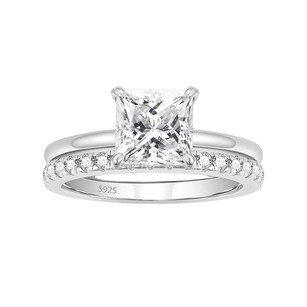 princess moissanite wedding ring sets with solitaire and half eternity band
