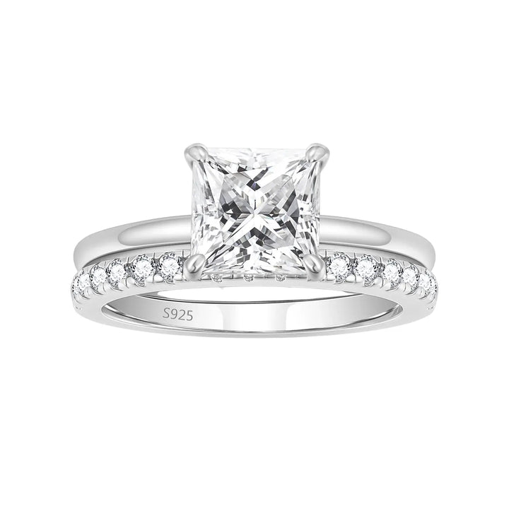 princess moissanite wedding ring sets with solitaire and half eternity band