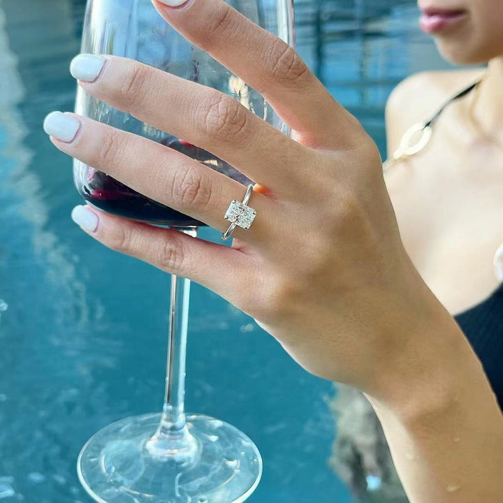 3ct radiant moissanites engagement ring worn on hand