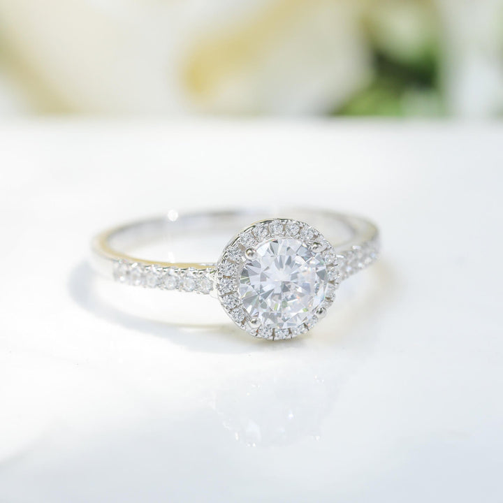 Close-up detail of affordable halo engagement ring